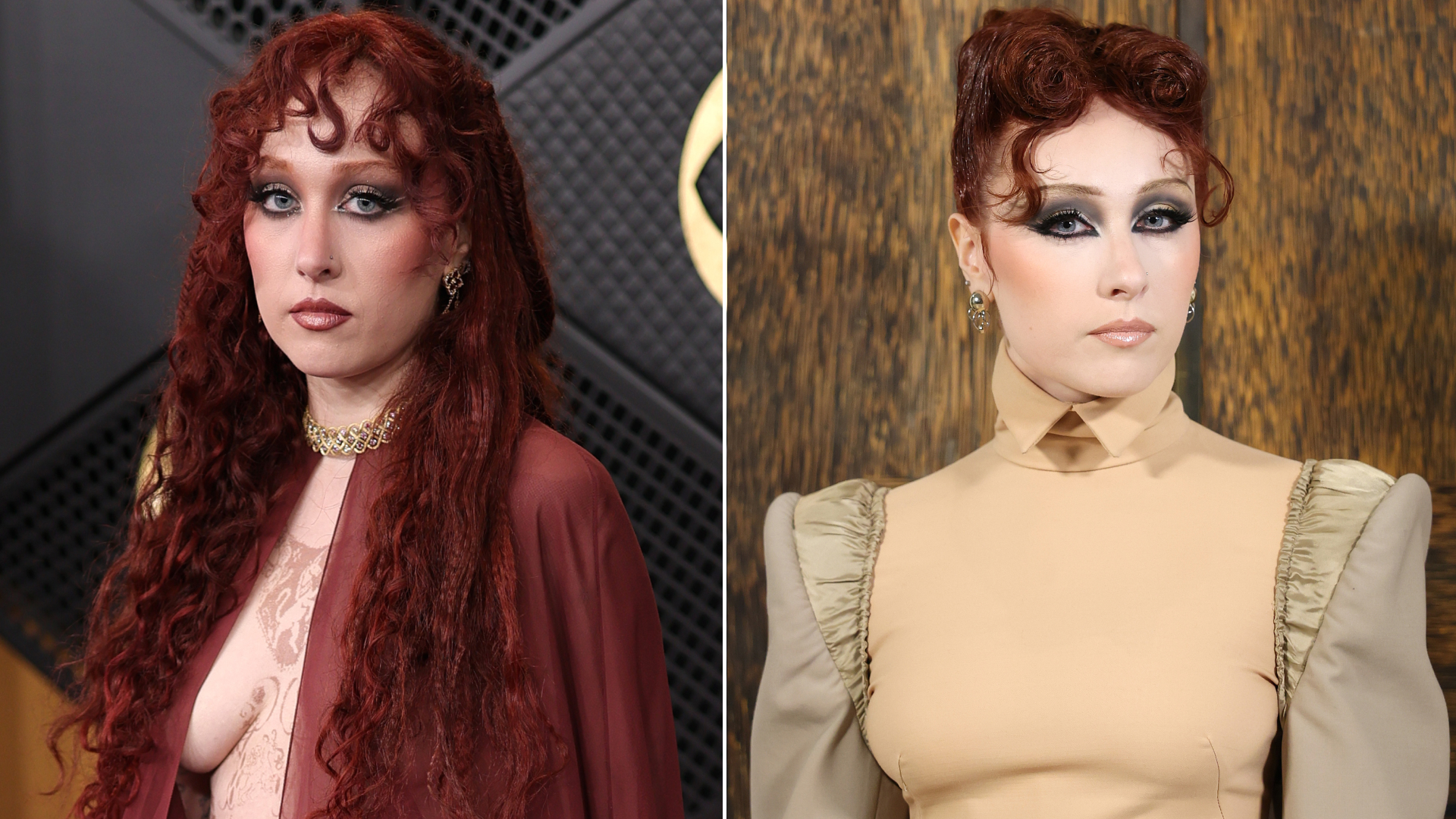 Chappell Roan attended the Mugler Fall 2026 in a nude two-tone skirt set