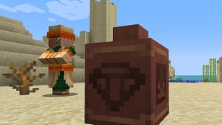 Minecraft - a desert villager stands behind an earthen clay pot with a pattern on it