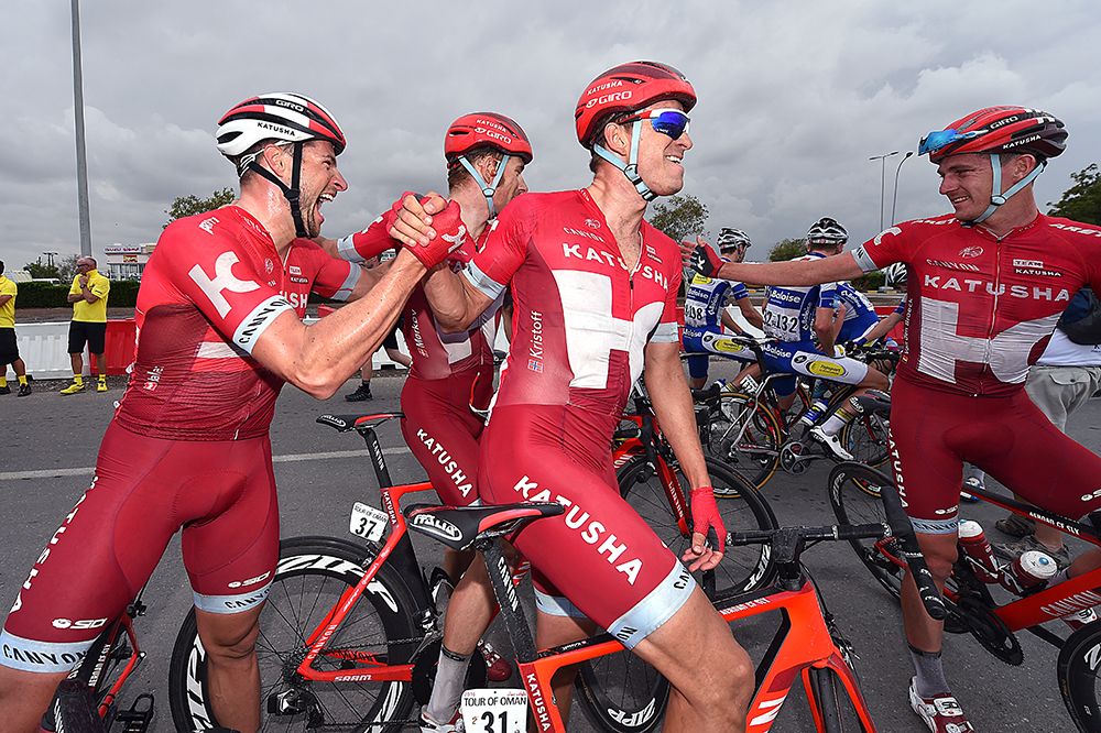Alexander Kristoff celebrates with his Katusha teammates