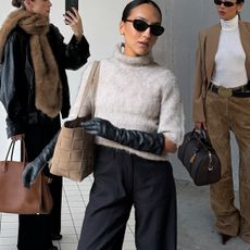 A collage of chic winter outfits. Rikke Krefting wears a black leather jacket, black trousers, a fur scarf, and a brown leather bag. Influencer Ingrid Fagerli Edvinsen wears balloon pants, a brushed mock-neck sweater, long leather gloves, and heels. Aimee Song wears beige suede trousers, a white turtleneck, a blazer, and an Alo bag. 