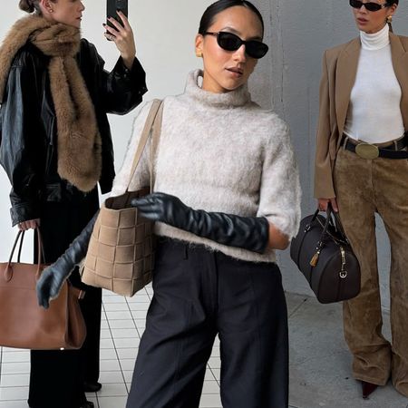 A collage of chic winter outfits. Rikke Krefting wears a black leather jacket, black trousers, a fur scarf, and a brown leather bag. Influencer Ingrid Fagerli Edvinsen wears balloon pants, a brushed mock-neck sweater, long leather gloves, and heels. Aimee Song wears beige suede trousers, a white turtleneck, a blazer, and an Alo bag. 
