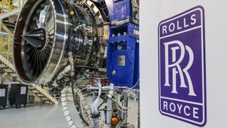 The Rolls-Royce logo next to a jet engine