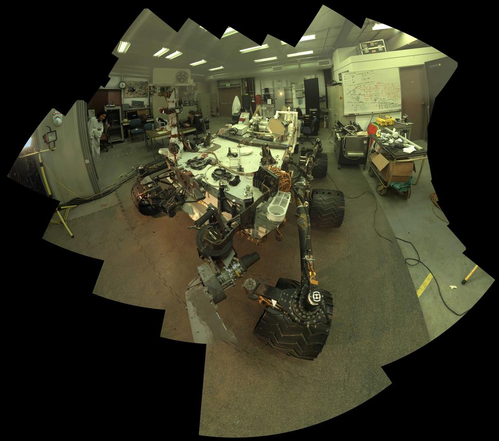 This self-portrait of NASA's Mars rover Curiosity shows the rover's stunt double on Earth at the Jet Propulsion Laboratory in Pasadena, Calif. Scientists used the test rover to check photo instructions for Curiosity's full self-portrait on Mars.