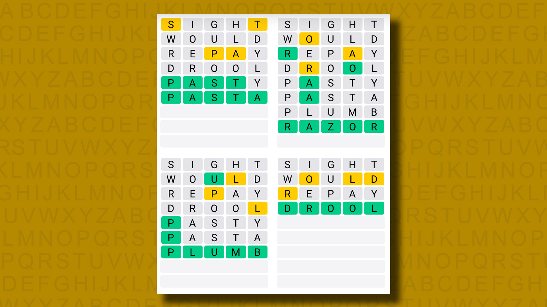 Quordle answers for game 1131 on a yellow background