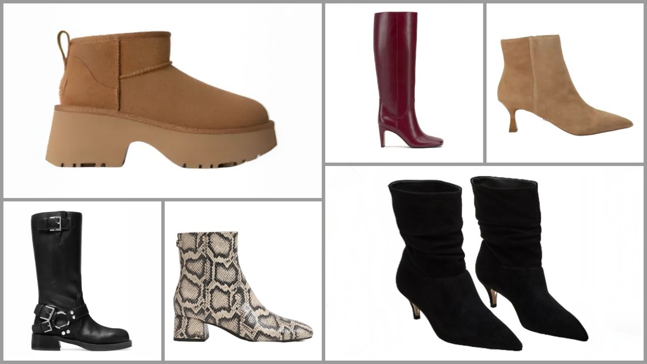 Product collage of Vince Camuto Vestella Knee High Boots, Steve Madden Brinwood Black Suede Booties, CARVELA Purpose Flared-Heel Suede Ankle Boots, Sam Edelman Paige Ankle Bootie, Ugg Classic Ultra Mini New Heights, MICHAEL Michael Kors Crosby Moto 40MM Leather Boots on white background with grey border 