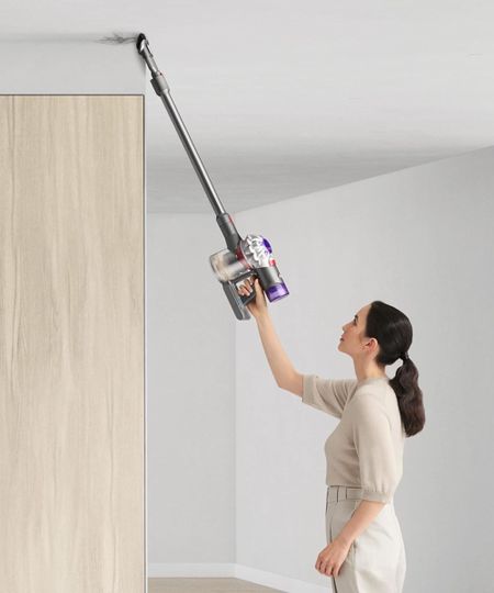 Person holding Dyson V8 cordless vacuum above their head in monochrome whitegray room