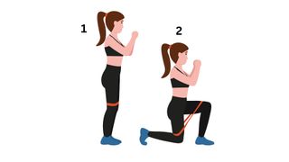 Illustrated woman demonstrating how to do a lunge with a resistance band