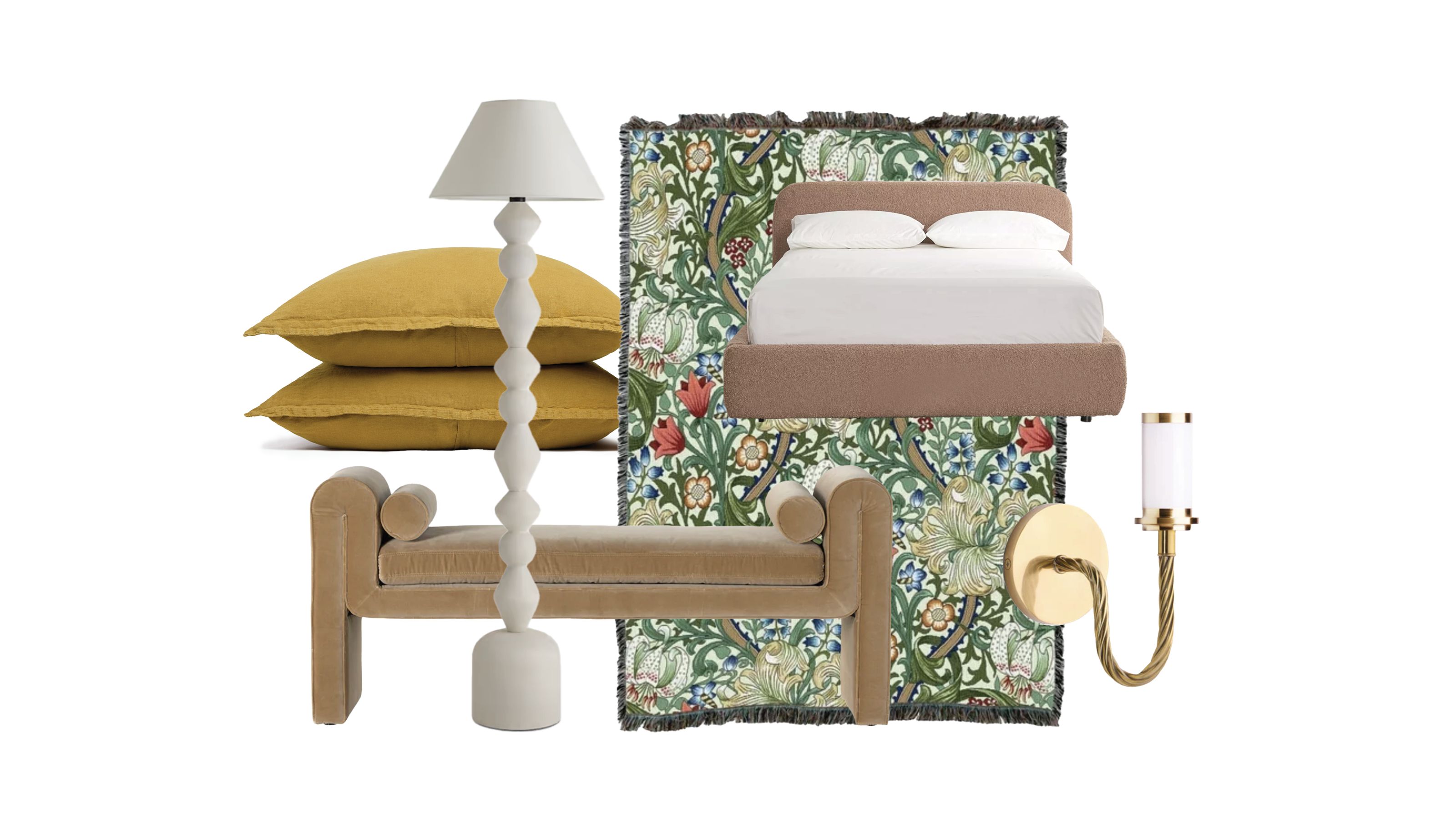 Bedroom collage showing products for the perfect tailored bedroom