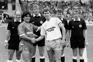 Maradona (left) captained a Rest of the World side against a Football League side captained by Brian Robson (right) in the Centenary Classic at Wembley
