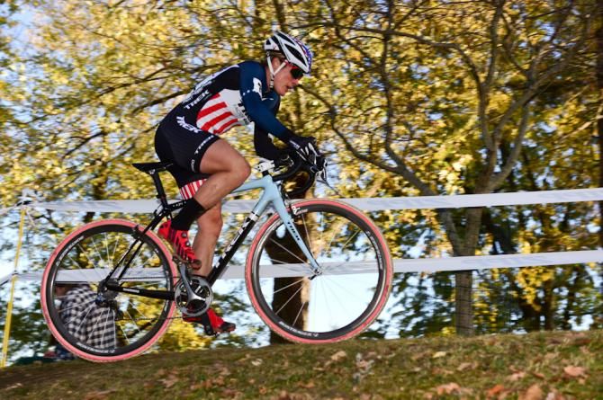 Katie Compton (Trek Factory Racing) riding a high ridge with one lap to go