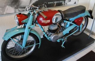 While no longer produced, this motorcycle shows that Bianchi even used the celeste paint on its non-bicycles as well