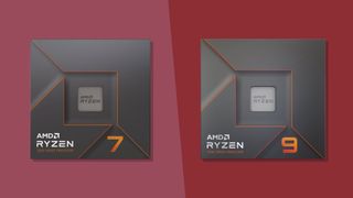 A pair of AMD Ryzen CPU retail boxes side by side on a two-tone red background