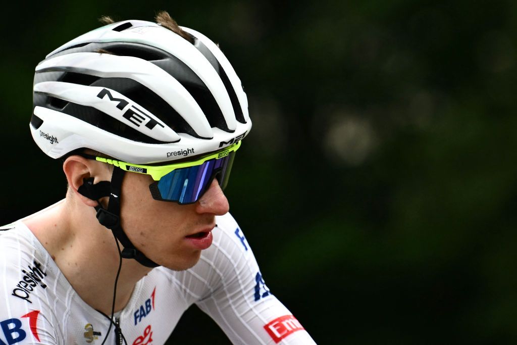 UAE Team Emirates team's Slovenian rider Tadej Pogacar cycles in the French Alps during the 4th stage of the 111th edition of the Tour de France cycling race, 140 km between Pinerolo in Italy, and Valloire in France, on July 2, 2024. (Photo by Marco BERTORELLO / AFP)