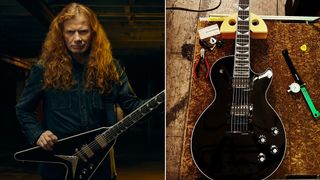 Dave Mustaine holding his signature Gibson Flying V and a look at his signature Les Paul