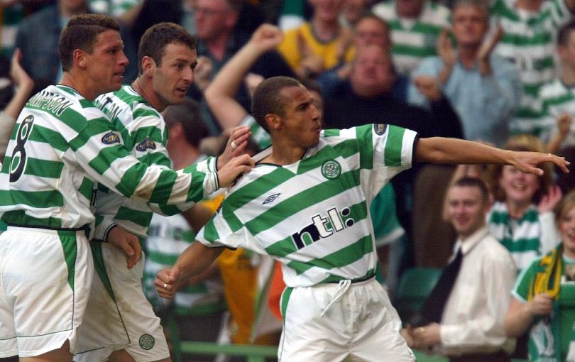 Henrik Larsson celebrates scoring against Rangers