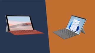 A Microsoft Surface Pro 7 versus a Microsoft Surface Pro 8 against a deep blue and orange background