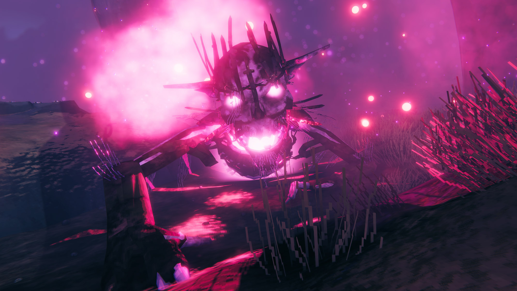 Valheim - The Plains boss, Yagluth. It's a giant skeletal torso with a pink and red magical aura