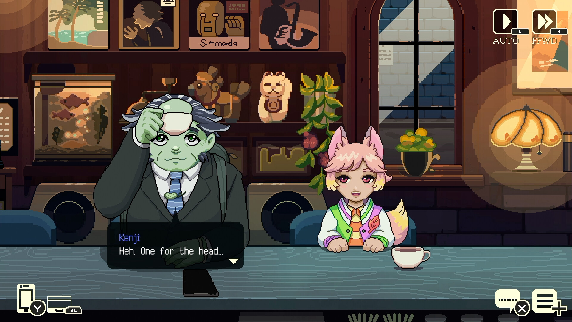 Coffee Talk Tokyo screenshot showing two characters being served coffee. One is a green man called Kenji who appears to be bringing his coffee mug to his forehead for his head to drink, while the other has fox-like ears and a tail