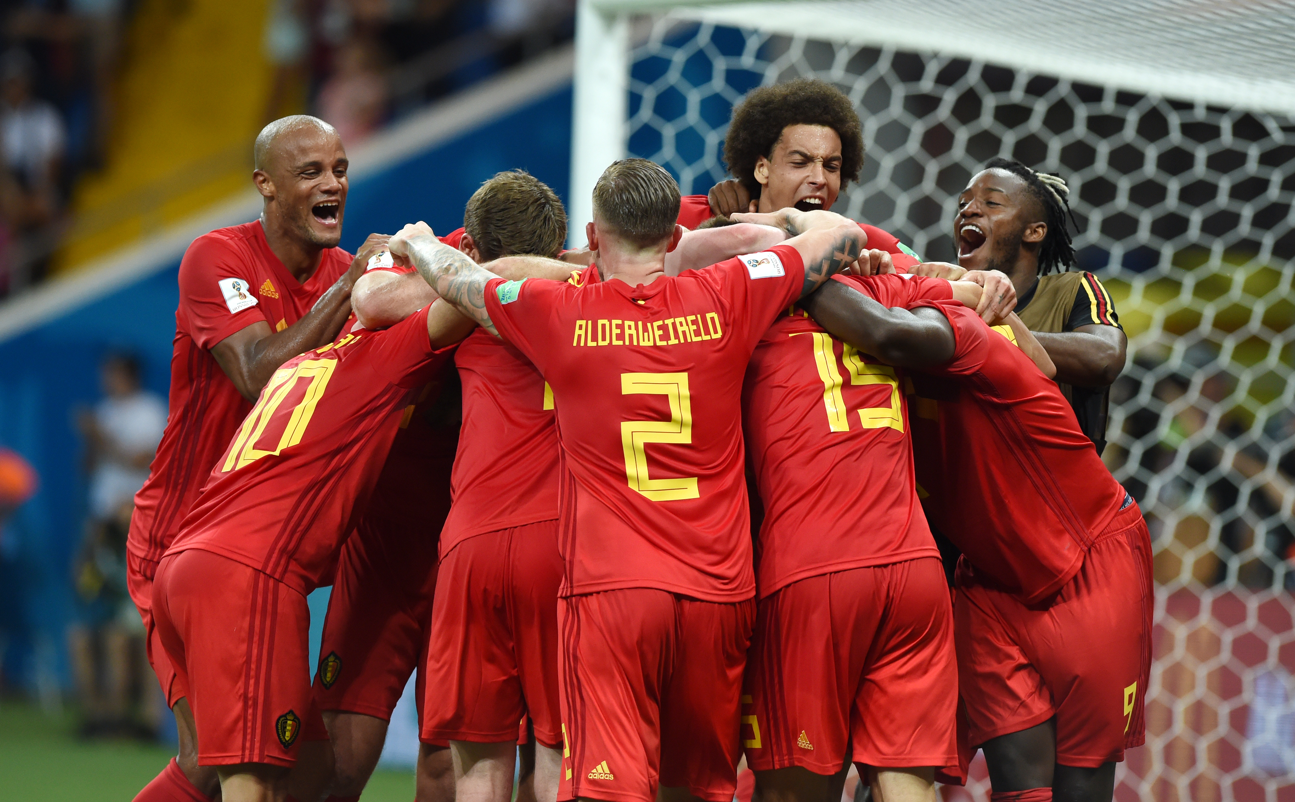 ROSTOV-ON-DON, RUSSIA - JULY 02: Vincent Kompany, Axel Witsel, Michy Batshuayi, Nacer Chadli and Belgian players celebrate after scoring and winning the 2018 FIFA World Cup Russia Round of 16 match