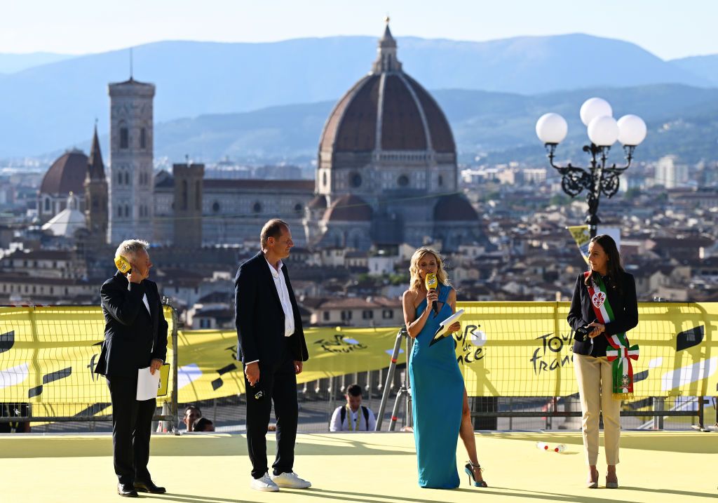 FIRENZE ITALY JUNE 27 LR Christian Prudhomme of France TDF Director ASO and Sara Funaro of Italy Florence mayor during the 111th Tour de France 2024 Team Presentation UCIWT on June 27 2024 in Firenze Italy Photo by Tim de WaeleGetty Images