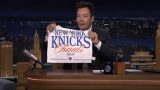 Jimmy Fallon shows off his New York Knicks banner on The Tonight Show.