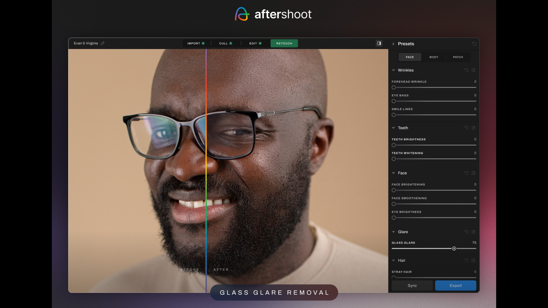 Aftershoot screenshot of portrait demonstrating the software's new AI Retouching tools
