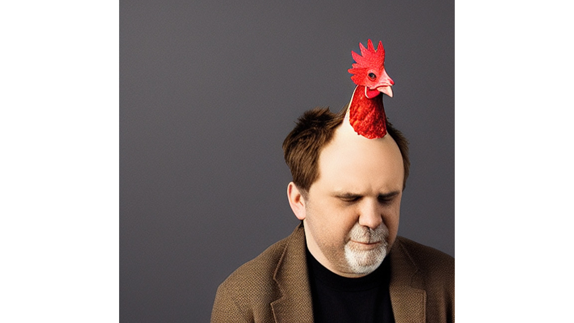 Un homme avec un poulet dans la tête