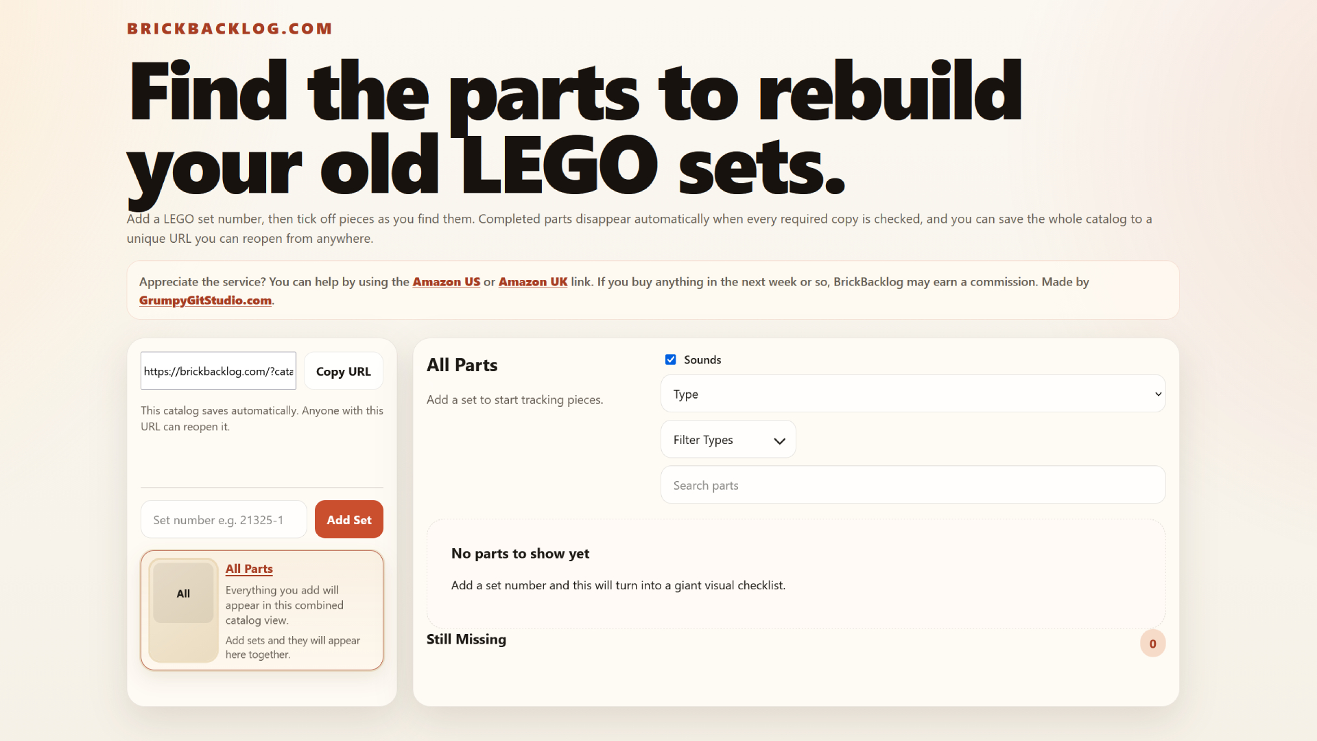 A screenshot of Brickbacklog.com, a website for finding missing Lego pieces