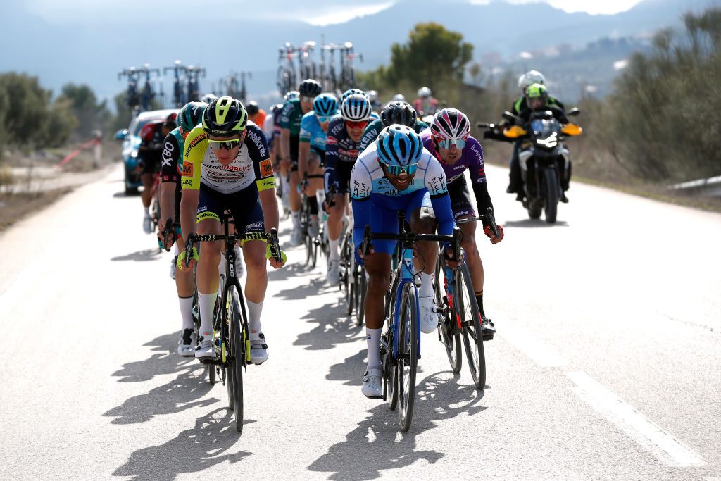 CHICLANA DE SEGURA SPAIN FEBRUARY 20 Barnabas Pek of Hungary and Intermarch Wanty Gobert Matriaux and Tsgabu Gebremaryam Grmay of Ethiopia and Team BikeExchange Jayco competes during the 68th Vuelta A Andalucia Ruta Del Sol 2022 Stage 5 a 1644km stage from Huesa to Chiclana De Segura 870m 68RdS on February 20 2022 in Chiclana De Segura Spain Photo by Bas CzerwinskiGetty Images