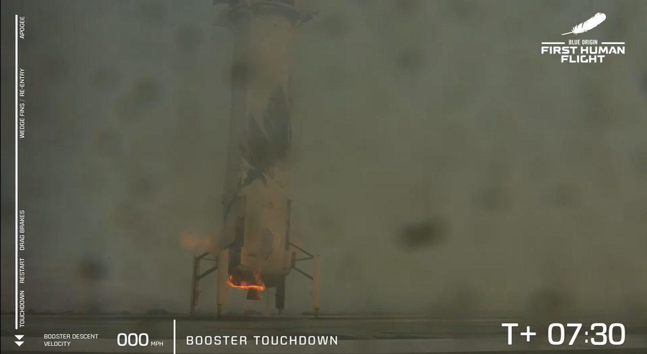 The New Shepard booster after touching down on July 20, 2021.