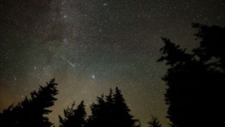 A meteor streaks across the sky during the annual Perseid meteor shower in 2021 as seen from Spruce Knob, West Virginia.