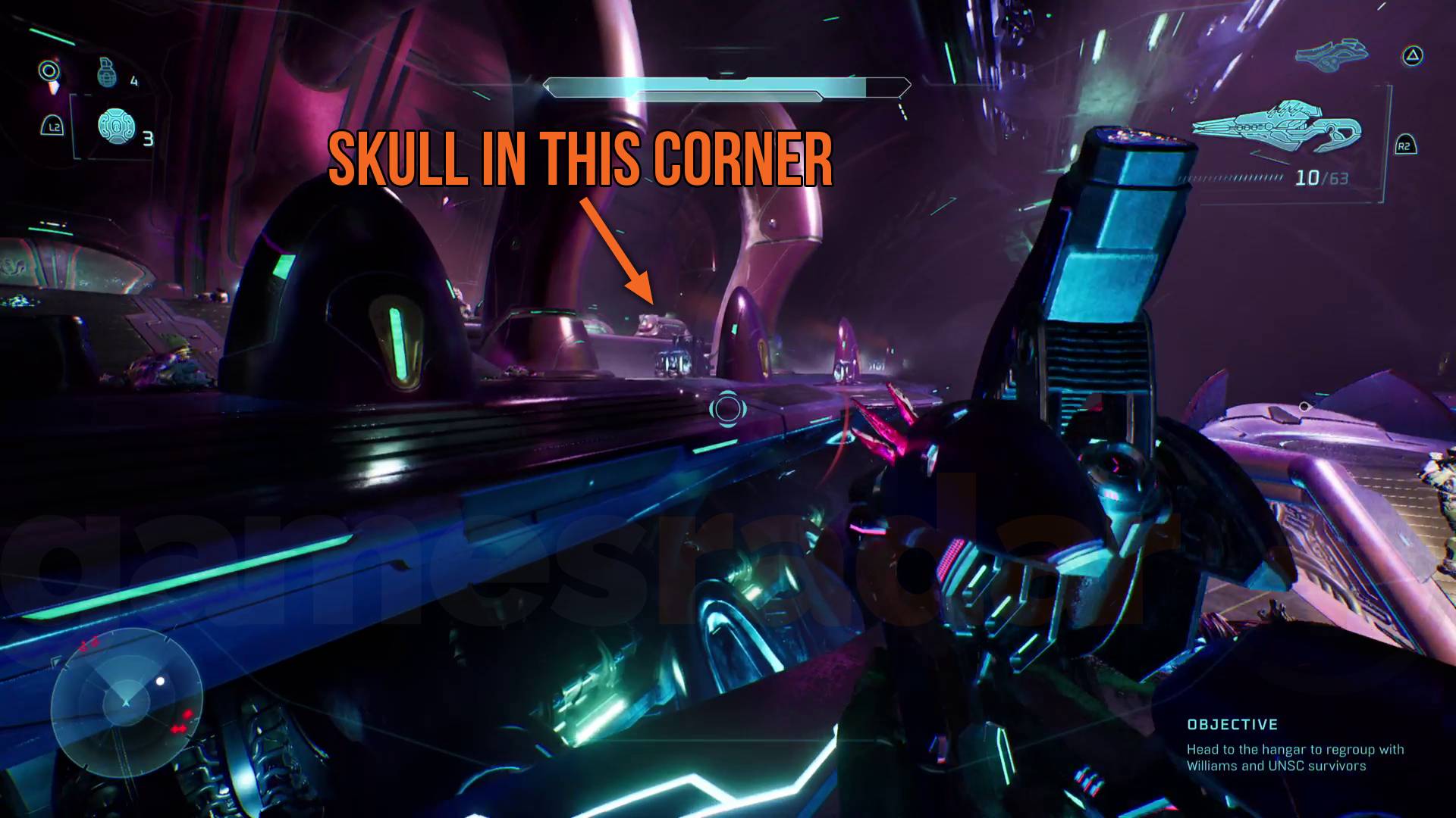 Halo Campaign Evolved Efficient Skull in the corner of a platform for the ship gondola in Heavy Burden