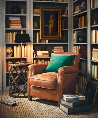 Cozy corner with leather armchair and bookcase