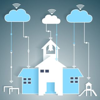 Illustration of school with clouds and WIFI