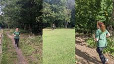 Samantha Priestley running 30 minutes a day through fields and paths wearing workout clothes