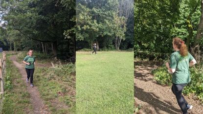 Samantha Priestley running 30 minutes a day through fields and paths wearing workout clothes