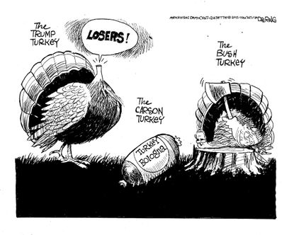 Political cartoon U.S. Thanksgiving Trump Carson Bush turkeys