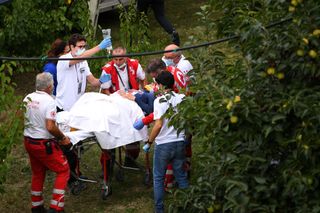 IMOLA ITALY SEPTEMBER 24 Chloe Dygert of The United States Crash Injury Accident Doctors Red cross during the 93rd UCI Road World Championships 2020 Women Elite Individual Time Trial a 317km stage from Imola to Imola ITT ImolaEr2020 Imola2020 on September 24 2020 in Imola Italy Photo by Tim de WaeleGetty Images