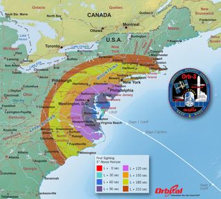 This graphic shows the region of visibility along the U.S. East Coast for the first night launch of an Orbital Sciences Antares rocket on Oct. 27, 2014. Liftoff is set for 6:45 p.m. EDT.