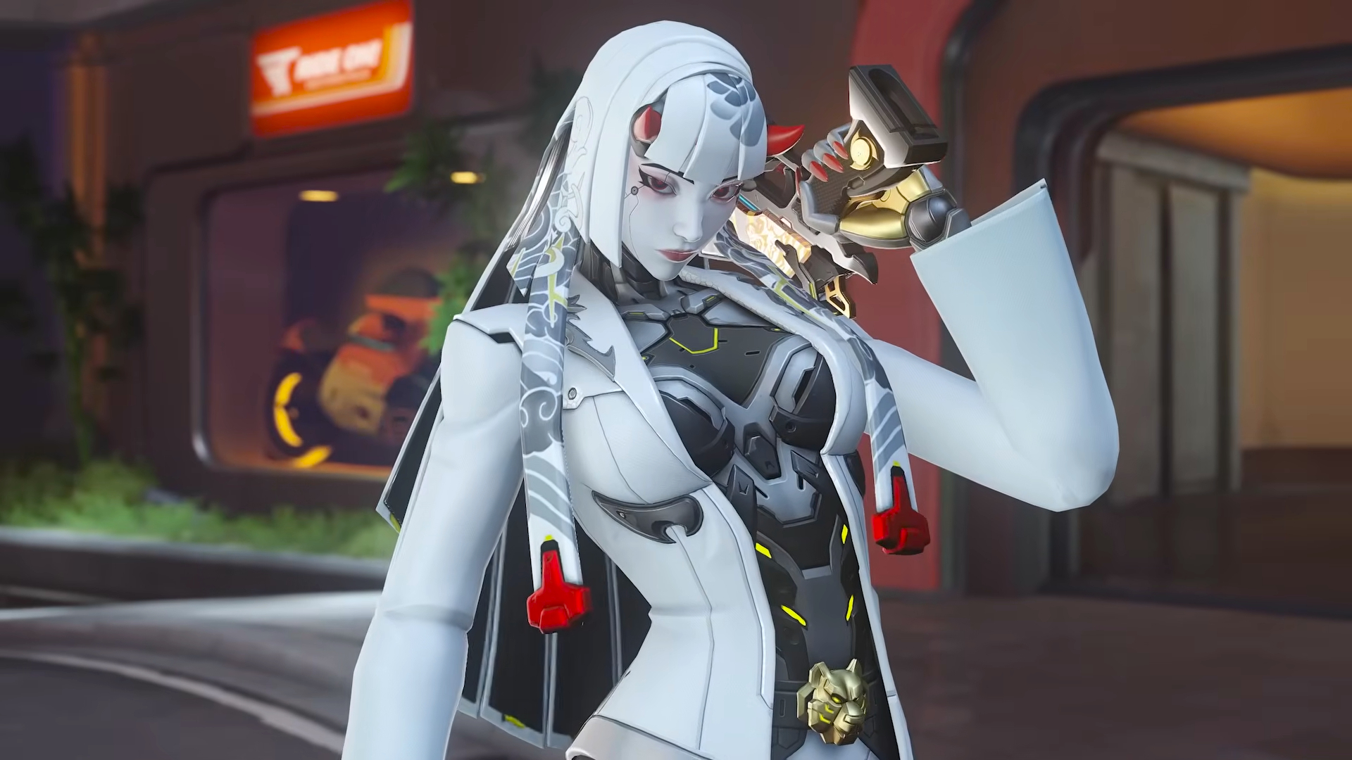  Shion posing in city streets with a pistol over her left shoulder.