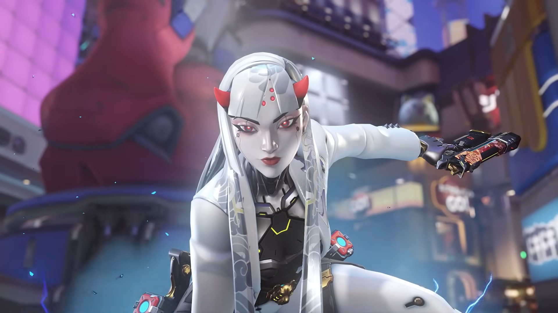 An all white android with red eyes and dual pistols looks into the camera with a smirk in a screenshot from an Overwatch Shion trailer.