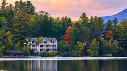 Autumn colors at Mirror Lake in Lake Placid in Adirondacks State Park in the northern part of New York State, USA