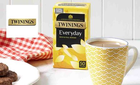 Twinings Logo placed over a box of everyday Twinings and a cup of tea 