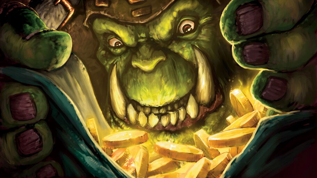 An orc in World of Warcraft grins greedily into a bag overflowing with gold.