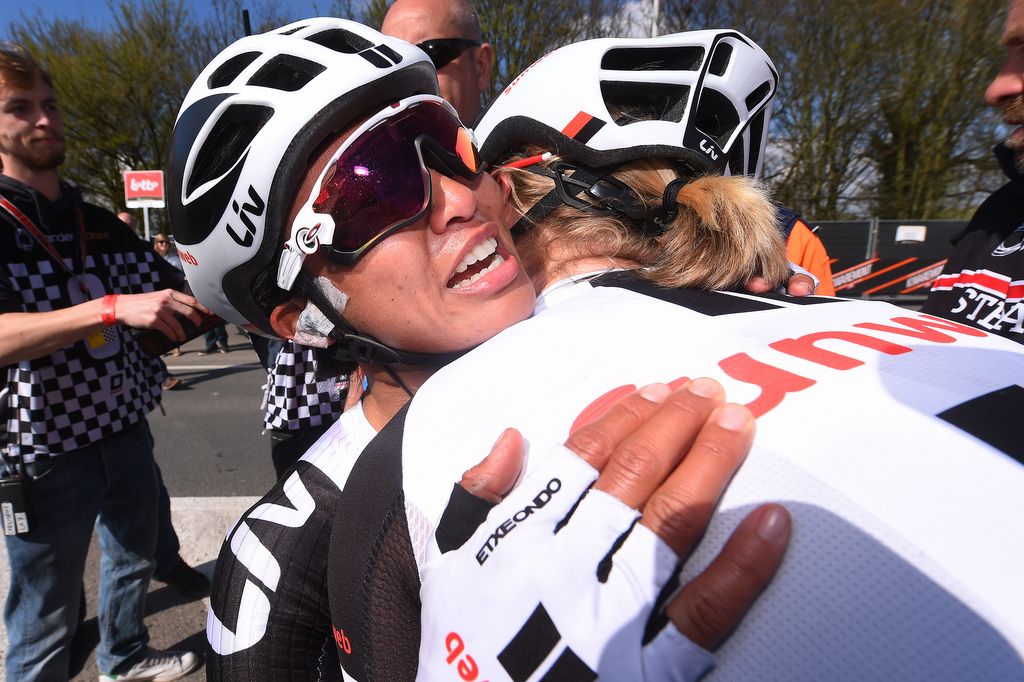 Coryn Rivera hugs Sunweb teammate Ellen van Dijk after her win