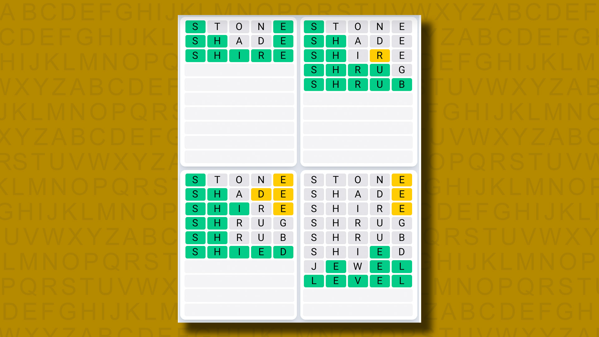 Quordle Daily Sequence answers for game 1083 on a yellow background