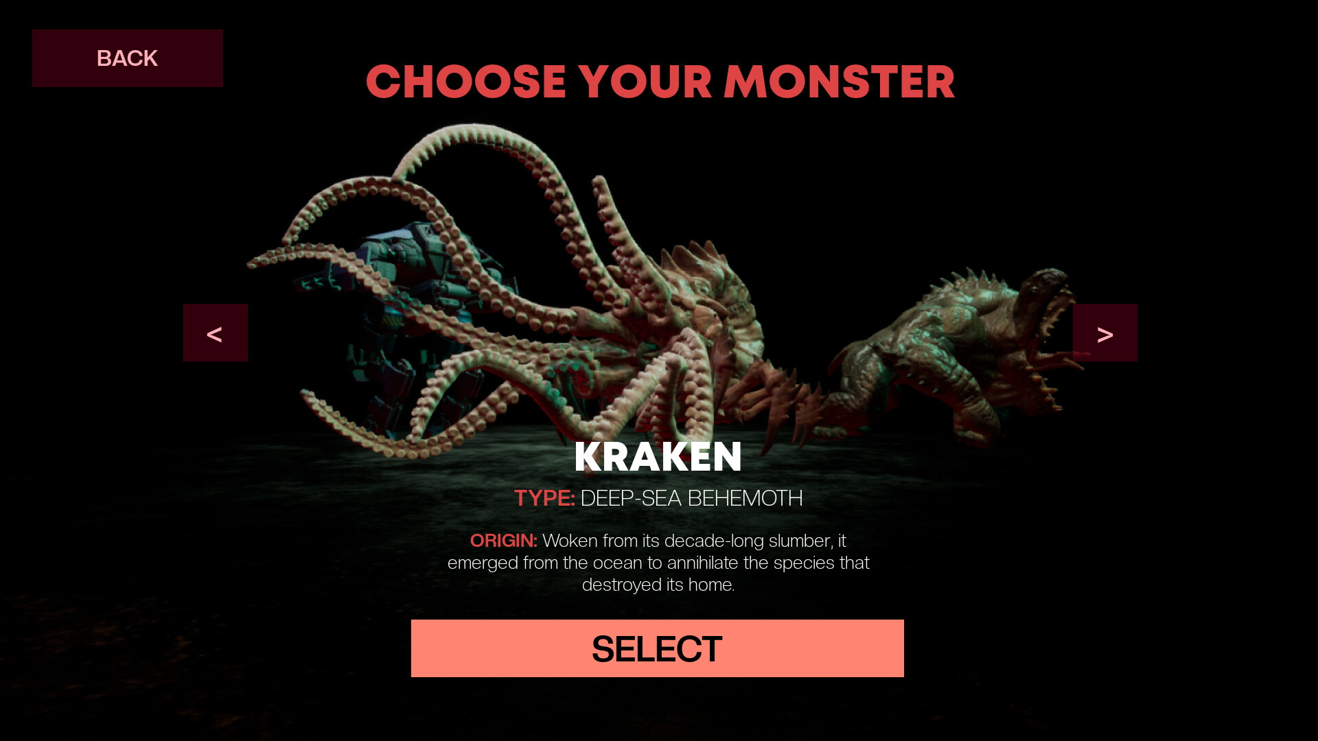 The monster selection screen in You Are the Monster.