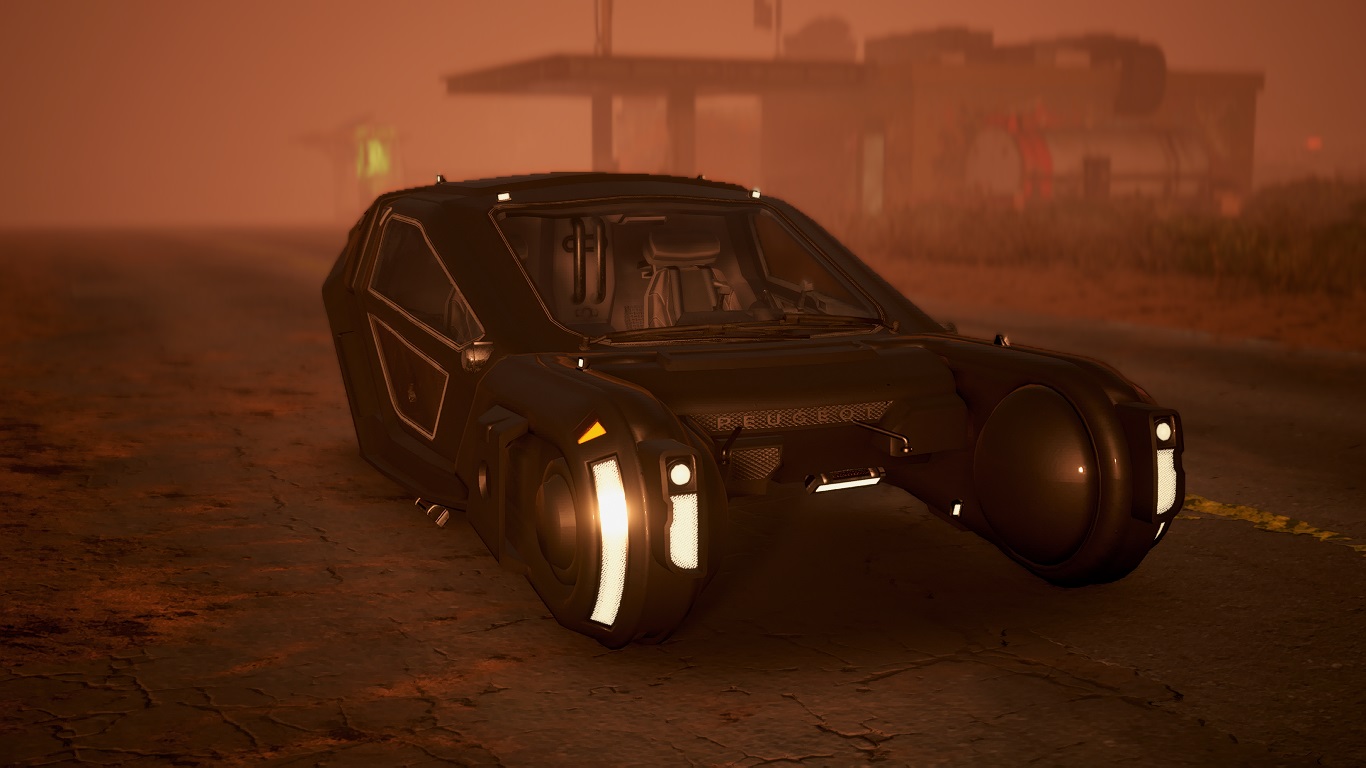 Blade Runner Spinner photographed in desert outskirts of night city