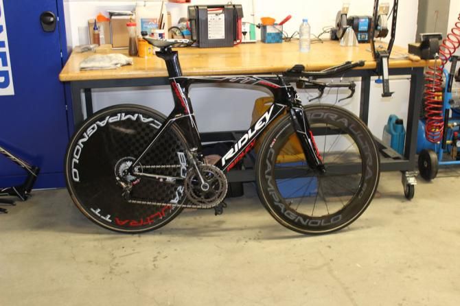 One of the time trial bike awaits a once over by a mechanic