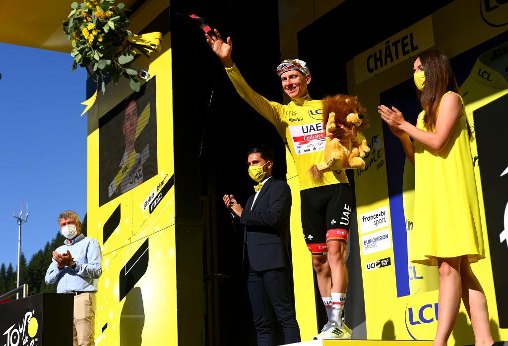 CHTEL LES PORTES DU SOLEIL FRANCE JULY 10 Tadej Pogacar of Slovenia and UAE Team Emirates celebrates winning the Yellow Leader Jersey on the podium ceremony after the 109th Tour de France 2022 Stage 9 a 1929km stage from Aigle to Chtel les portes du Soleil 1299m TDF2022 WorldTour on July 10 2022 in Chtel les portes du Soleil France Photo by Tim de WaeleGetty Images